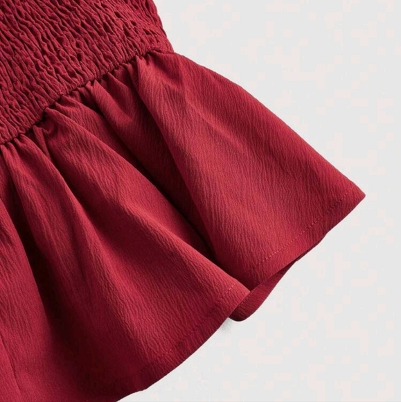 Sweetheart Neck Lantern Sleeve Front Center Ruffle Hem Red Blouse,Valentine's - Picture 2 of 4